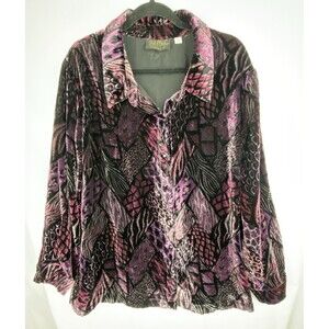 Bob Mackie Wearable Velvet Blouse Womens 2X Mixed Animal Print Button Up Dressy